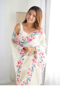 White Organza Sequins Embroidery Work With Cut Work Border Saree With Blouse Piece