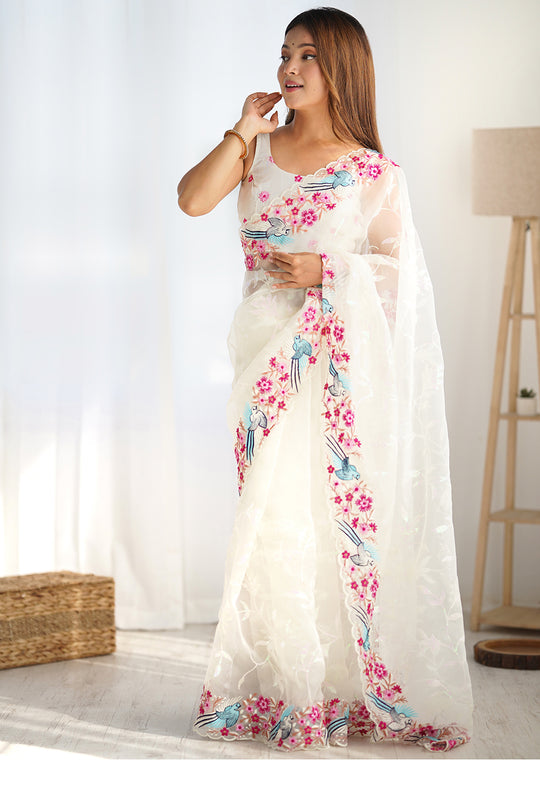 White Organza Sequins Embroidery Work With Cut Work Border Saree With Blouse Piece
