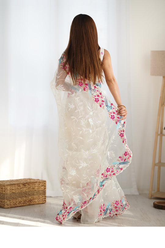 White Organza Sequins Embroidery Work With Cut Work Border Saree With Blouse Piece