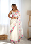 White Organza Sequins Embroidery Work With Cut Work Border Saree With Blouse Piece