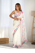 White Organza Sequins Embroidery Work With Cut Work Border Saree With Blouse Piece