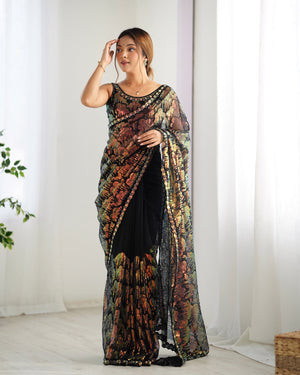 Black Soft Butterfly Net 3 Mm Seqwance Work Saree With Blouse Piece