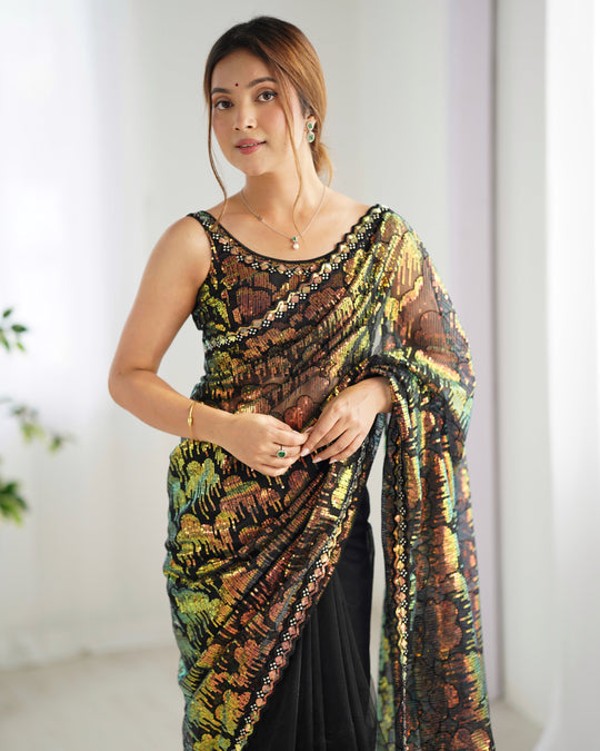 Black Soft Butterfly Net 3 Mm Seqwance Work Saree With Blouse Piece