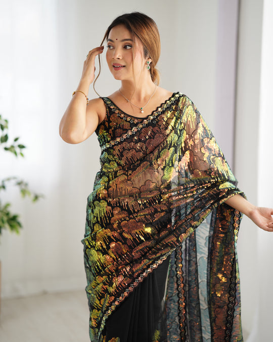 Black Soft Butterfly Net 3 Mm Seqwance Work Saree With Blouse Piece