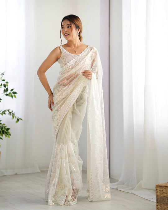 White Soft Butterfly Net 3 Mm Seqwance Work Saree With Blouse Piece