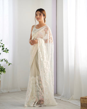 White Soft Butterfly Net 3 Mm Seqwance Work Saree With Blouse Piece