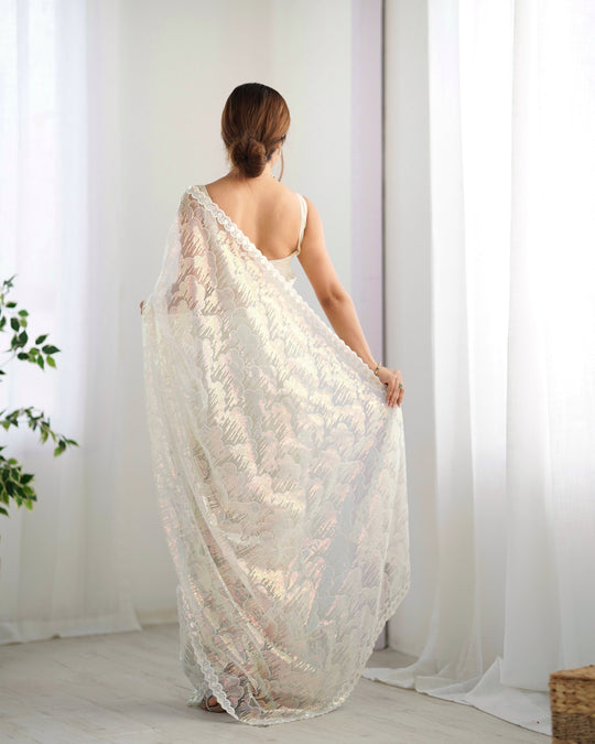White Soft Butterfly Net 3 Mm Seqwance Work Saree With Blouse Piece