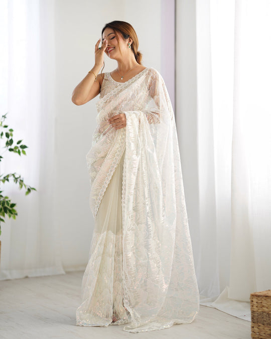 White Soft Butterfly Net 3 Mm Seqwance Work Saree With Blouse Piece