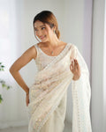 White Soft Butterfly Net 3 Mm Seqwance Work Saree With Blouse Piece