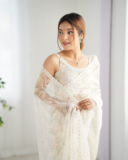 White Soft Butterfly Net 3 Mm Seqwance Work Saree With Blouse Piece