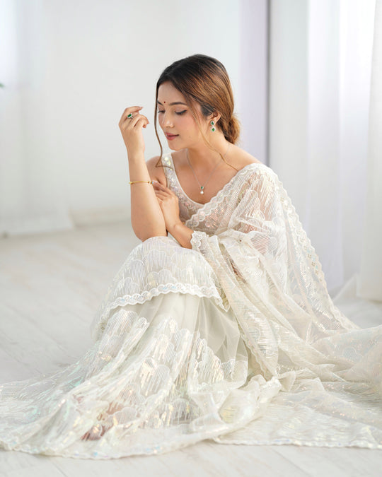 White Soft Butterfly Net 3 Mm Seqwance Work Saree With Blouse Piece