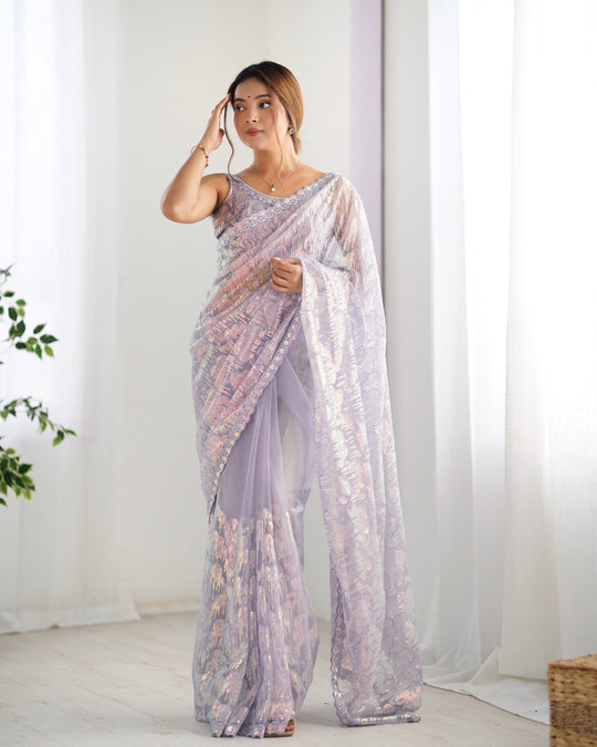 Lavender Soft Butterfly Net 3 Mm Seqwance Work Saree With Blouse Piece