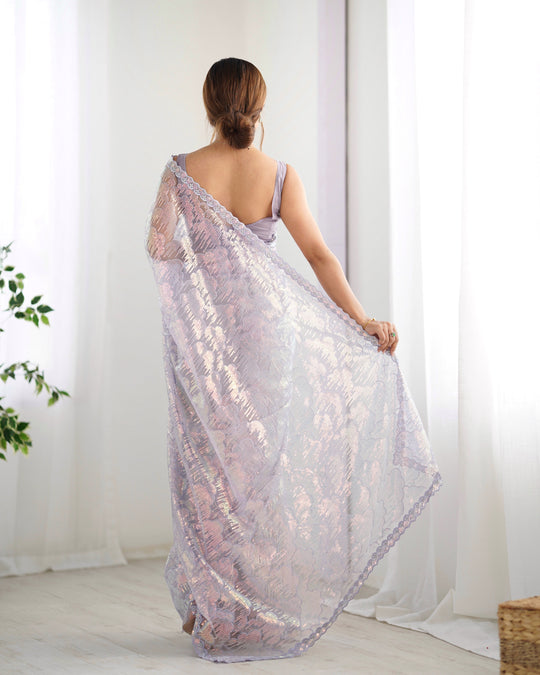 Lavender Soft Butterfly Net 3 Mm Seqwance Work Saree With Blouse Piece