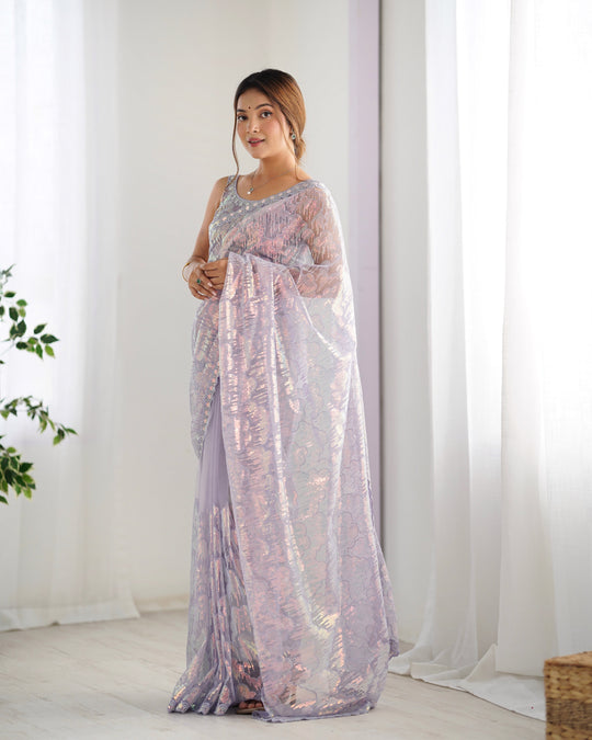 Lavender Soft Butterfly Net 3 Mm Seqwance Work Saree With Blouse Piece