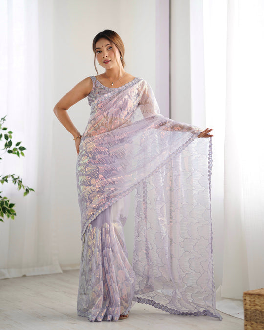 Lavender Soft Butterfly Net 3 Mm Seqwance Work Saree With Blouse Piece