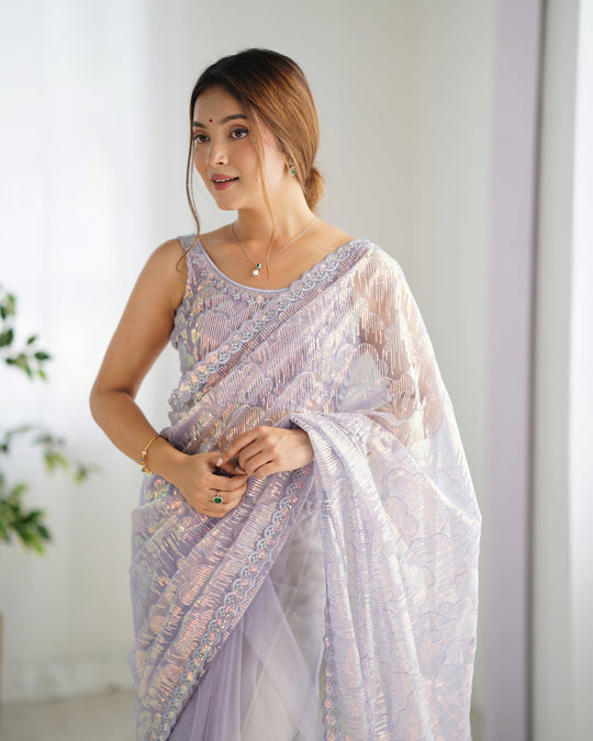 Lavender Soft Butterfly Net 3 Mm Seqwance Work Saree With Blouse Piece