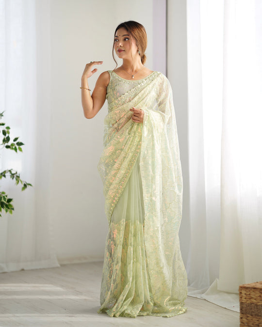 Pista Green Soft Butterfly Net 3 Mm Seqwance Work Saree With Blouse Piece