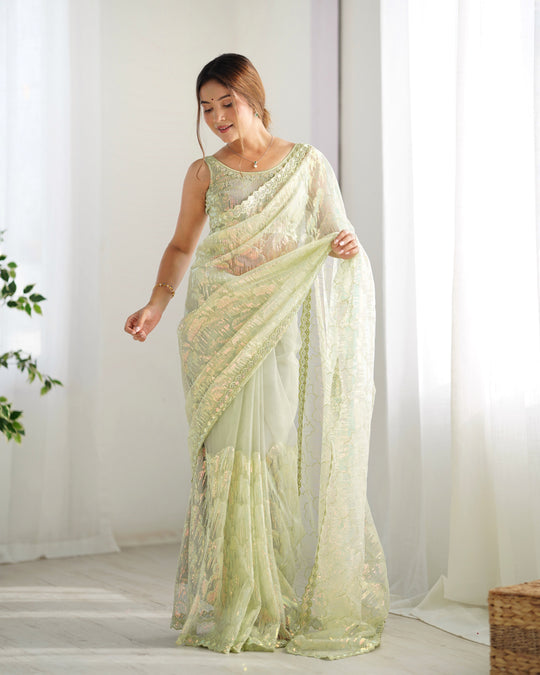 Pista Green Soft Butterfly Net 3 Mm Seqwance Work Saree With Blouse Piece