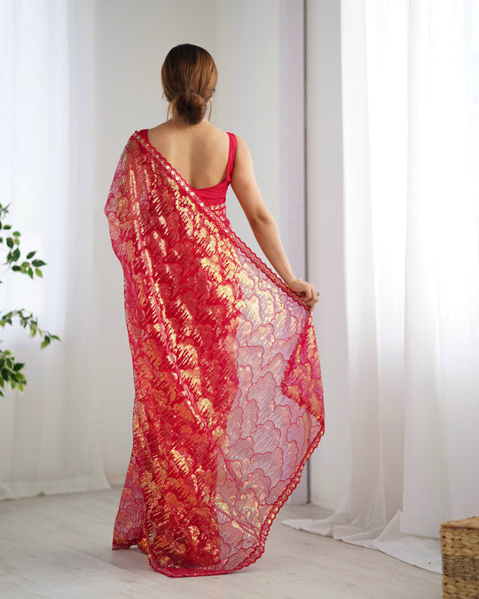 Red Soft Butterfly Net 3 Mm Seqwance Work Saree With Blouse Piece