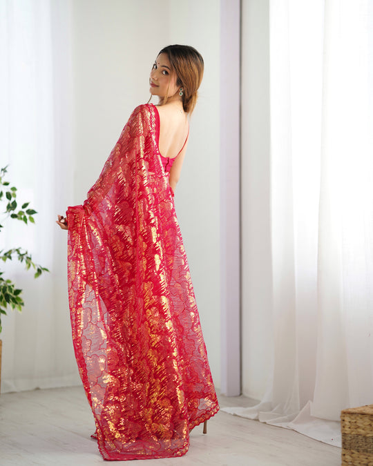 Red Soft Butterfly Net 3 Mm Seqwance Work Saree With Blouse Piece