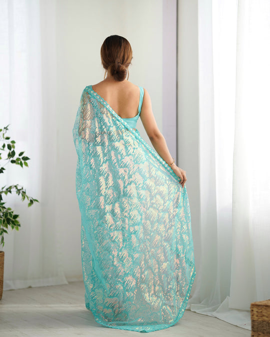 Sky Blue Soft Butterfly Net 3 Mm Seqwance Work Saree With Blouse Piece