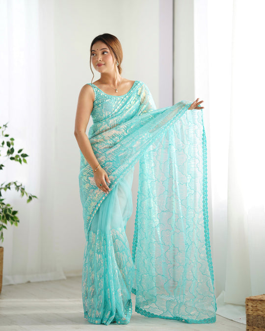 Sky Blue Soft Butterfly Net 3 Mm Seqwance Work Saree With Blouse Piece