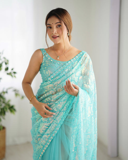 Sky Blue Soft Butterfly Net 3 Mm Seqwance Work Saree With Blouse Piece