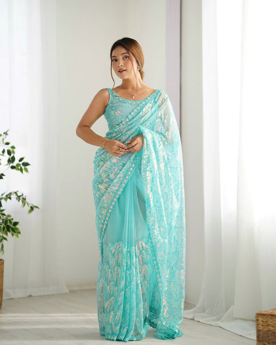 Sky Blue Soft Butterfly Net 3 Mm Seqwance Work Saree With Blouse Piece