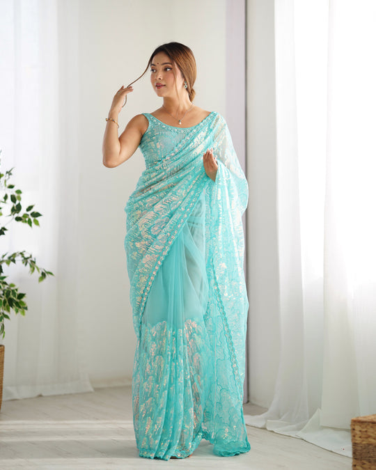 Sky Blue Soft Butterfly Net 3 Mm Seqwance Work Saree With Blouse Piece