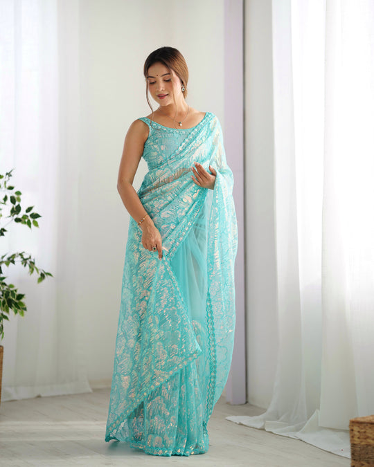 Sky Blue Soft Butterfly Net 3 Mm Seqwance Work Saree With Blouse Piece