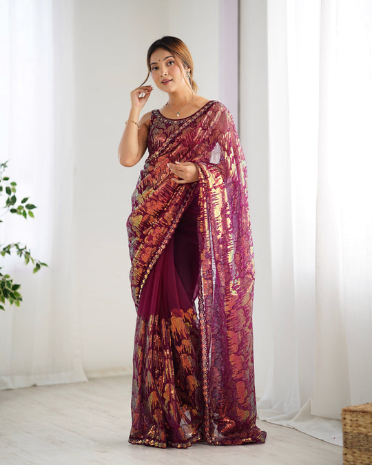 Maroon Soft Butterfly Net 3 Mm Seqwance Work Saree With Blouse Piece