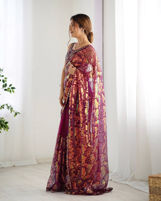 Maroon Soft Butterfly Net 3 Mm Seqwance Work Saree With Blouse Piece