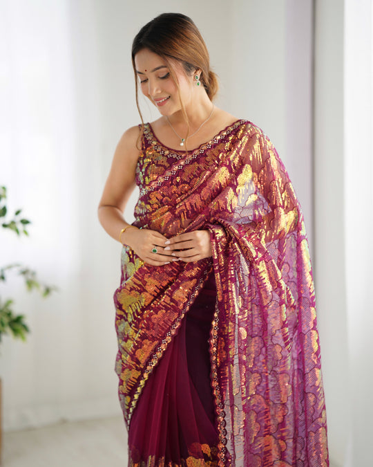 Maroon Soft Butterfly Net 3 Mm Seqwance Work Saree With Blouse Piece