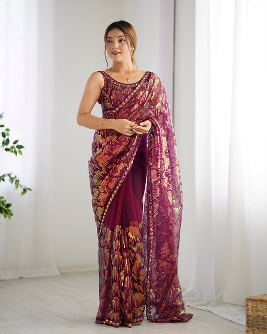 Maroon Soft Butterfly Net 3 Mm Seqwance Work Saree With Blouse Piece