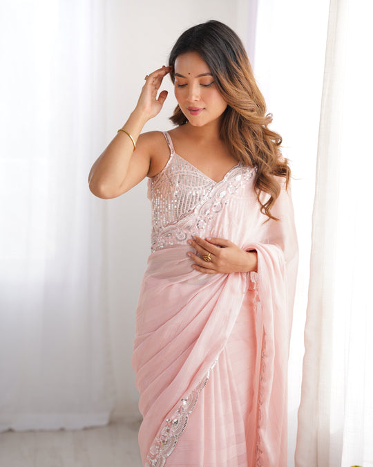 Pastel Pink Soft Chiffon With Weaving Zari Line Embroidered Work Saree With Blouse Piece