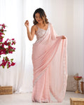 Pastel Pink Soft Chiffon With Weaving Zari Line Embroidered Work Saree With Blouse Piece