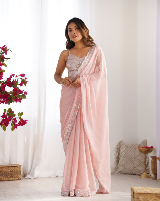 Pastel Pink Soft Chiffon With Weaving Zari Line Embroidered Work Saree With Blouse Piece