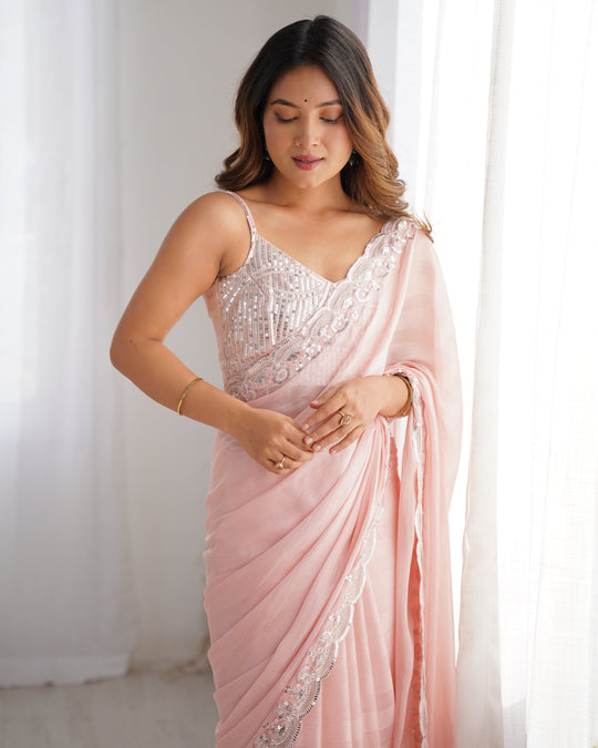 Pastel Pink Soft Chiffon With Weaving Zari Line Embroidered Work Saree With Blouse Piece