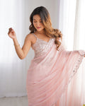 Pastel Pink Soft Chiffon With Weaving Zari Line Embroidered Work Saree With Blouse Piece
