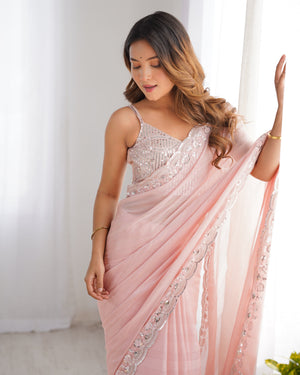 Pastel Pink Soft Chiffon With Weaving Zari Line Embroidered Work Saree With Blouse Piece