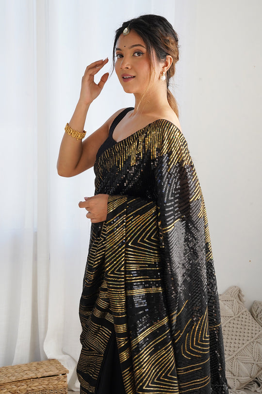 Black Soft Georgette Sequins Embroidery Work Saree With Blouse Piece