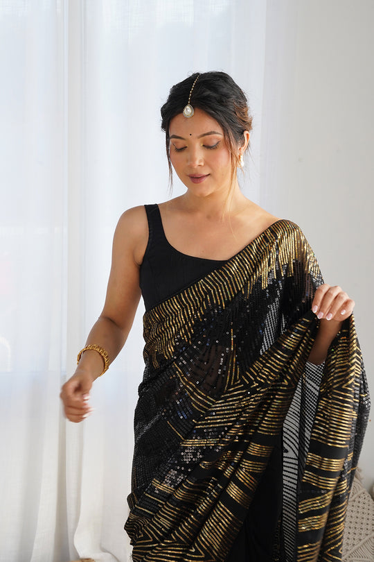 Black Soft Georgette Sequins Embroidery Work Saree With Blouse Piece