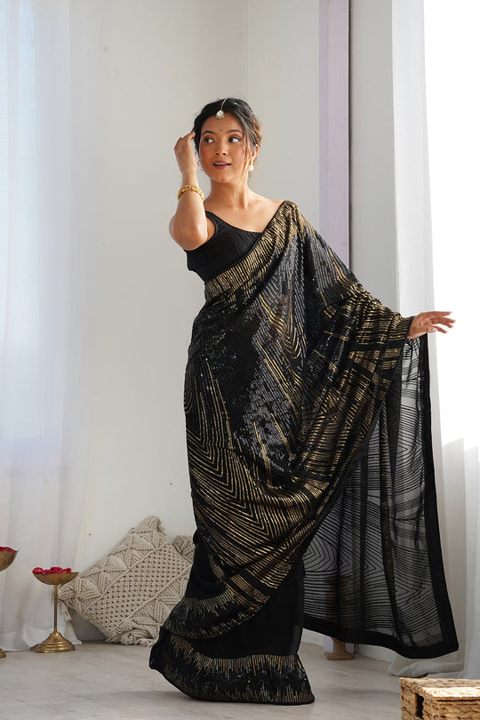 Black Soft Georgette Sequins Embroidery Work Saree With Blouse Piece