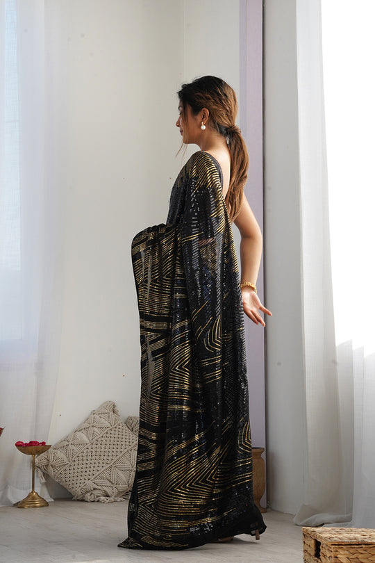 Black Soft Georgette Sequins Embroidery Work Saree With Blouse Piece