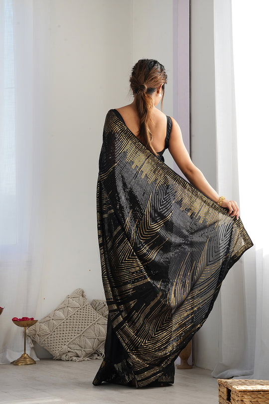Black Soft Georgette Sequins Embroidery Work Saree With Blouse Piece