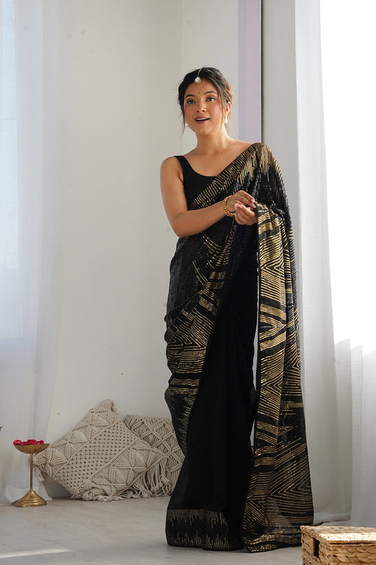 Black Soft Georgette Sequins Embroidery Work Saree With Blouse Piece