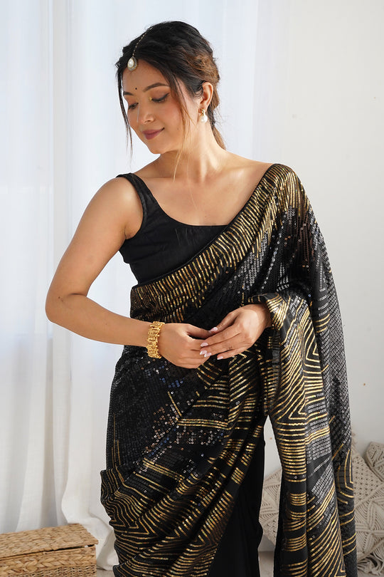 Black Soft Georgette Sequins Embroidery Work Saree With Blouse Piece