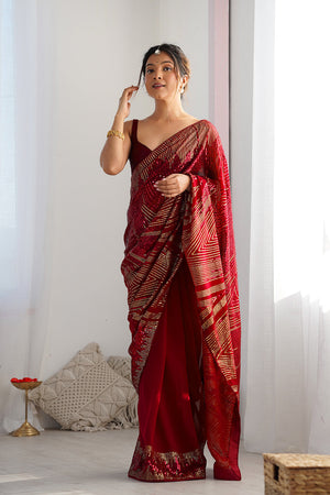 Maroon Soft Georgette Sequins Embroidery Work Saree With Blouse Piece