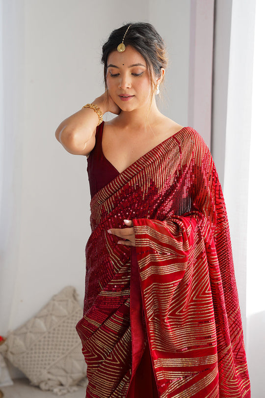 Maroon Soft Georgette Sequins Embroidery Work Saree With Blouse Piece