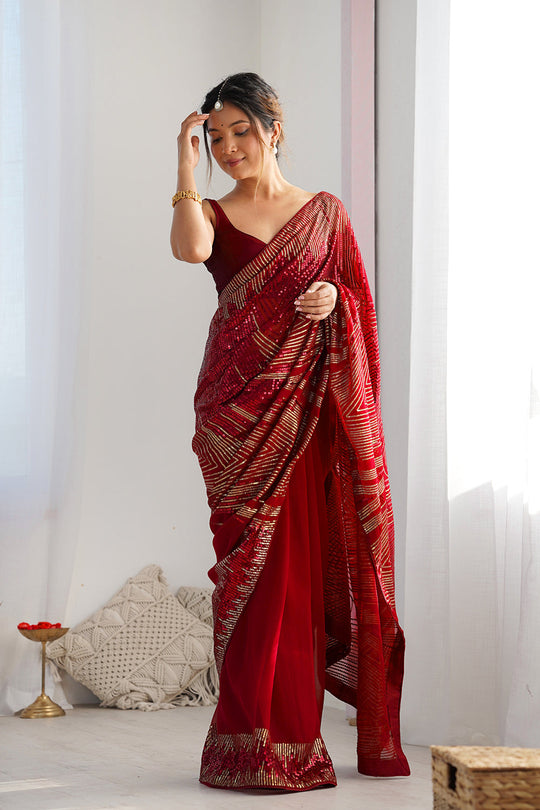 Maroon Soft Georgette Sequins Embroidery Work Saree With Blouse Piece